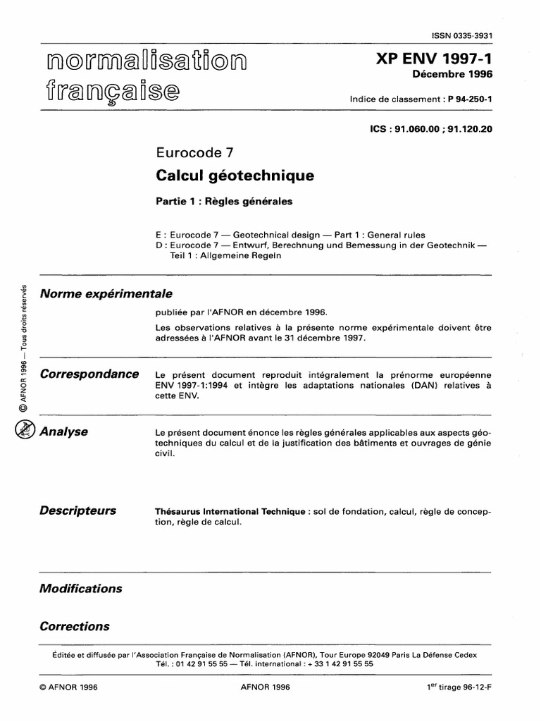 Eurocode 7 Calcul Géotechnique Partie 1 Règles Générales | PDF