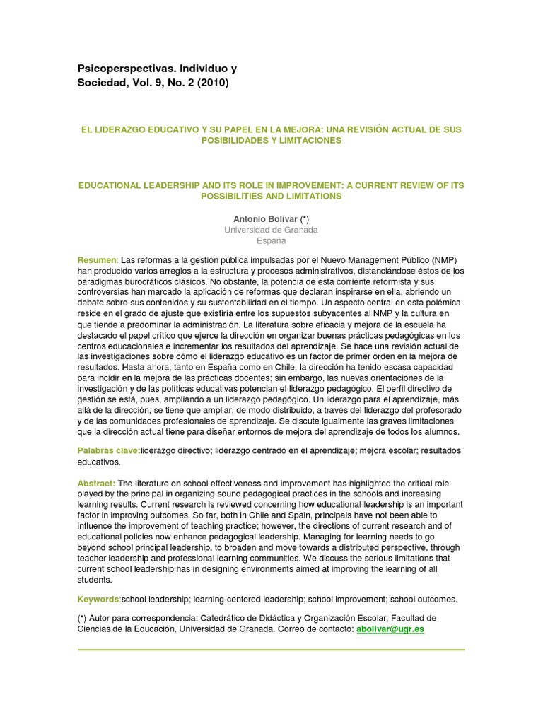 El Liderazgo Educativo y La Mejora Del Aprendizaje | PDF | Maestros ...