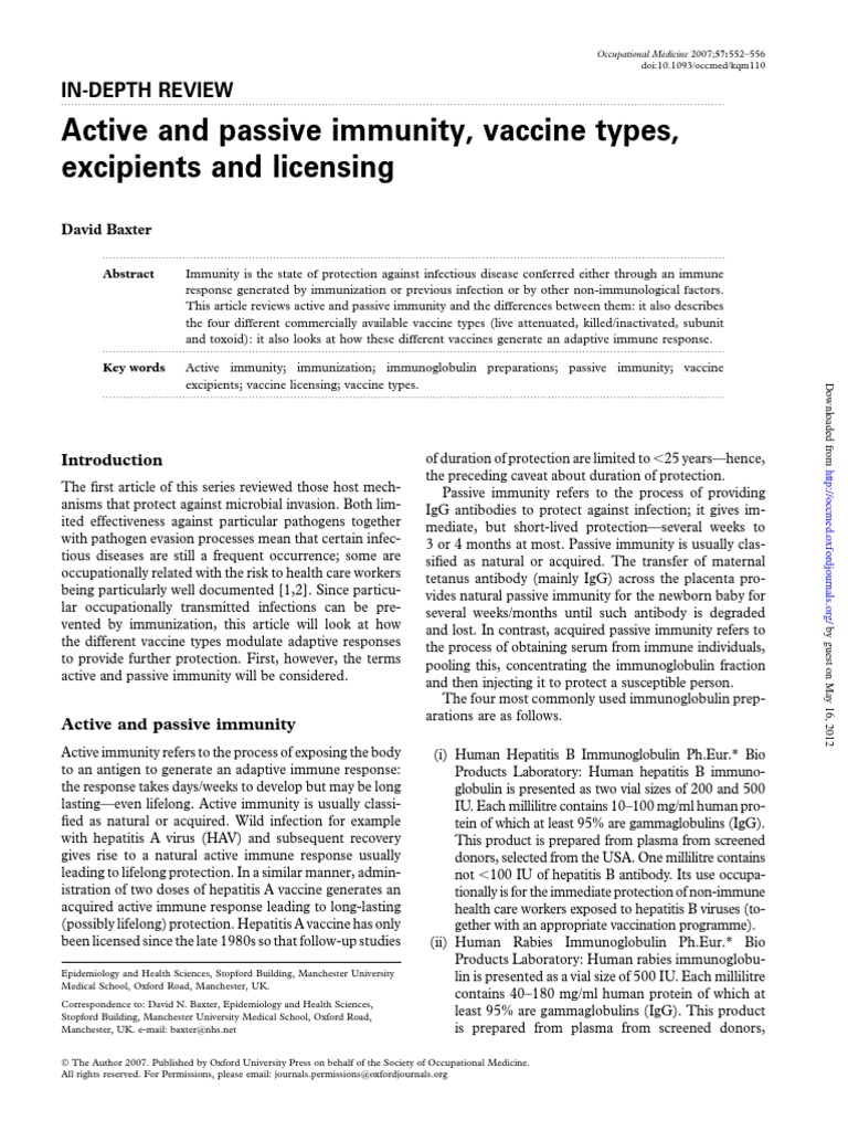Active vs Passive Immunity Review | PDF | Vaccines | T Helper Cell