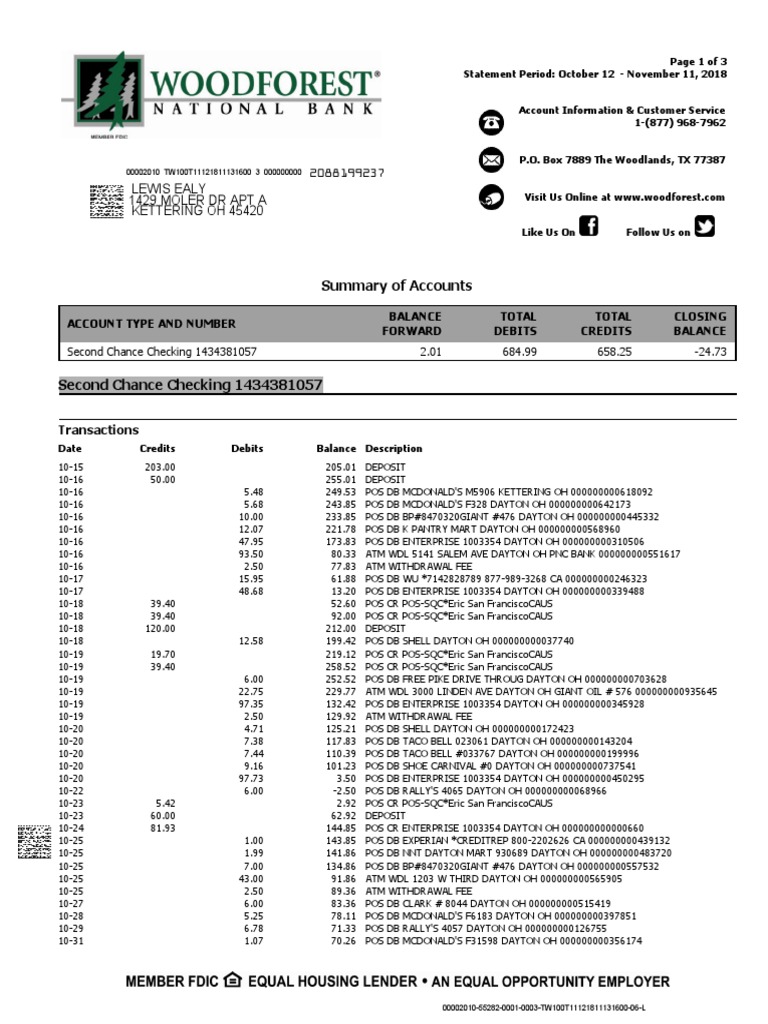 Woodforest Second Chance Checking Statement | PDF | Debits And Credits ...