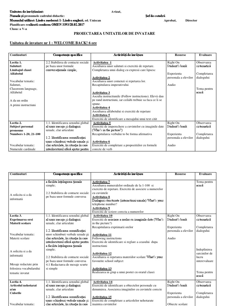 Planificare Pe Unitati Clasa A V-A L1 Uniscan - 2018 | PDF