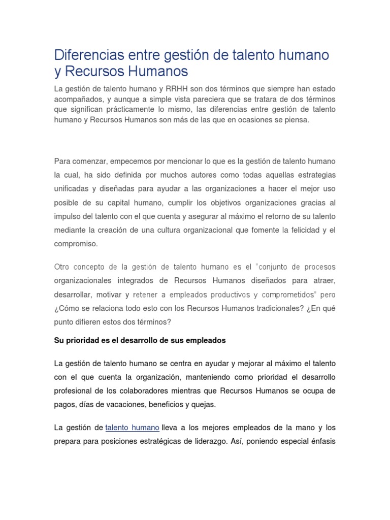 Diferencias entre gestión de talento humano y RRHH | PDF | Gestión de