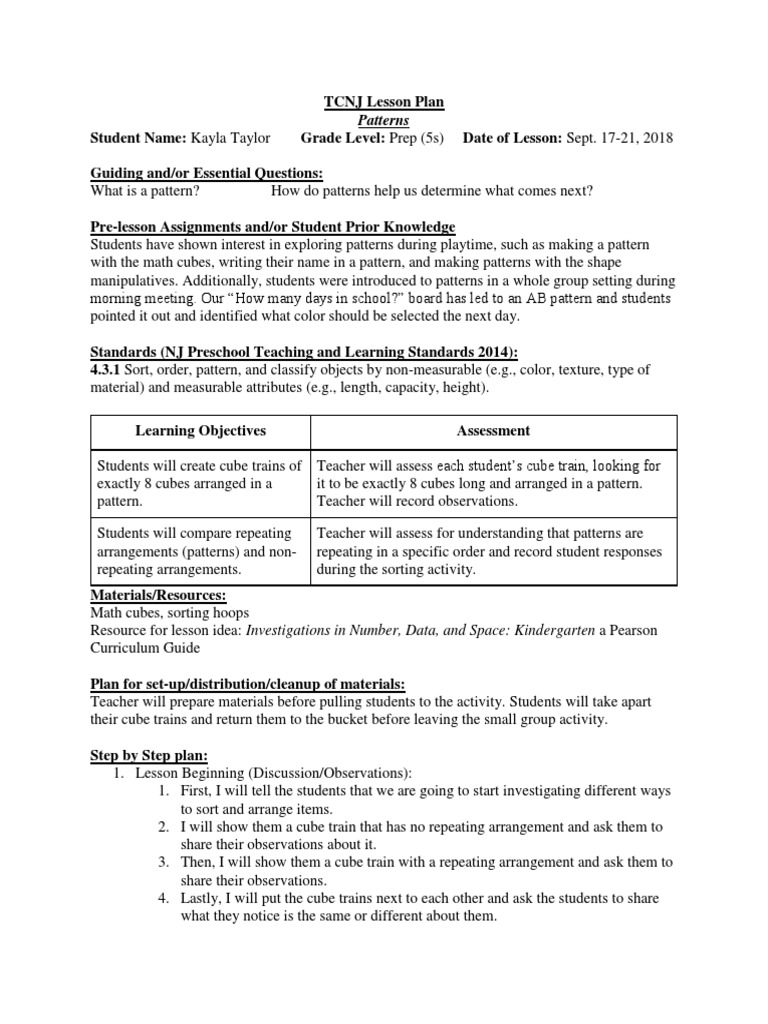 Patterns Lesson Plan | PDF | Lesson Plan | Kindergarten