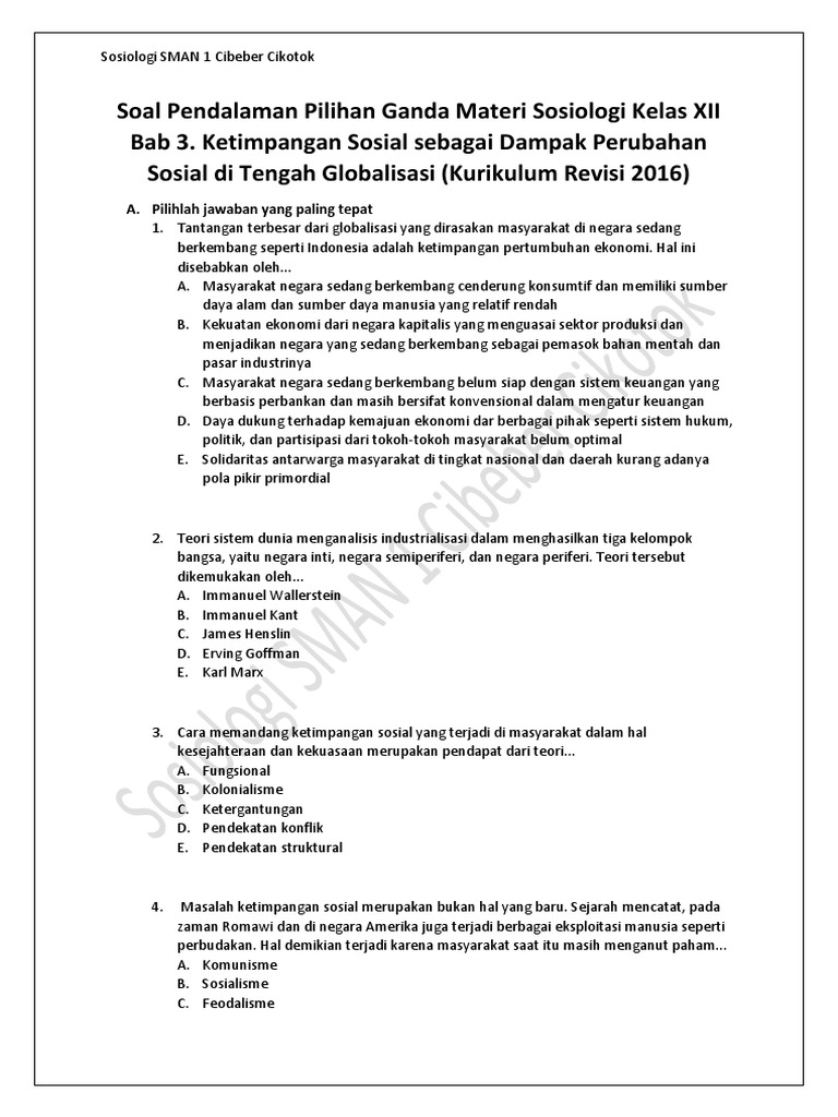 Soal Pendalaman Pilihan Ganda Materi Sosiologi Kelas Xii Bab 3 Ketimpangan Sosial Sebagai Dampak Perubahan Sosial Di Tengah Globalisasi Kurikulum Revisi 2016