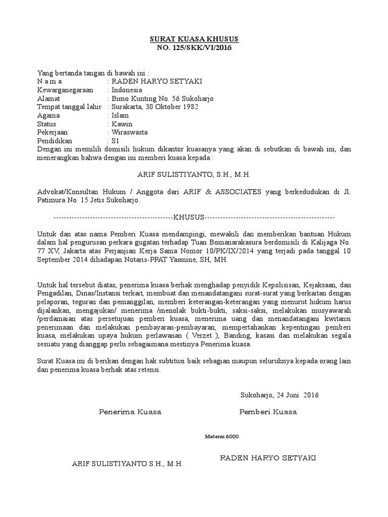 Contoh Surat Kuasa Khusus Pdf