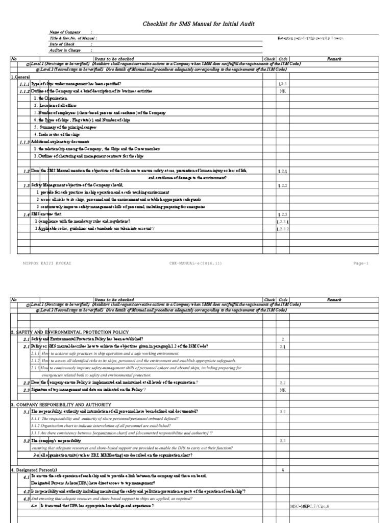 Checklist For Safety Management System SMS Manual For Initial Audit