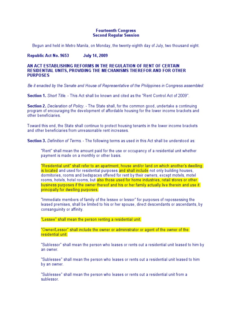 RA 9653 Rent Control Law PDF Lease Virtue