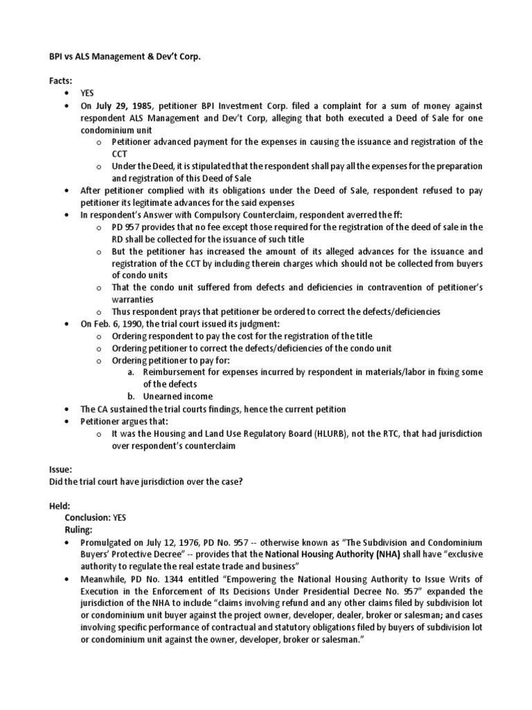 BPI Vs ALS Management Case Digest PDF Estoppel Laches (Equity)