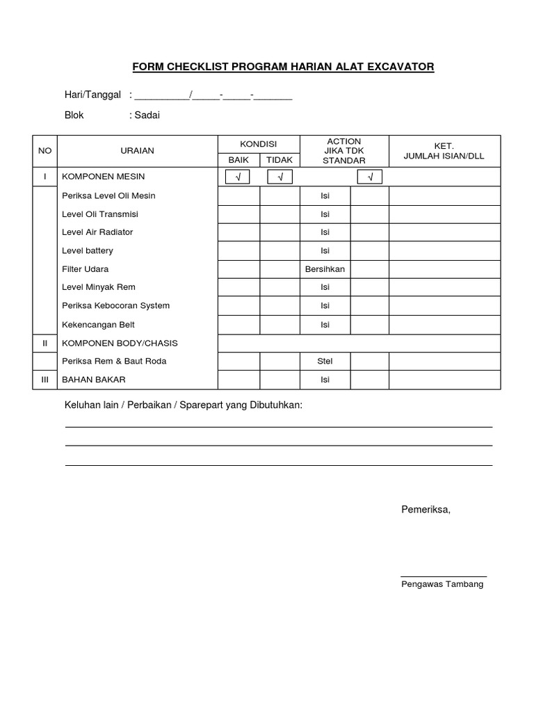 Form Inspeksi Alat Berat Excavator - IMAGESEE