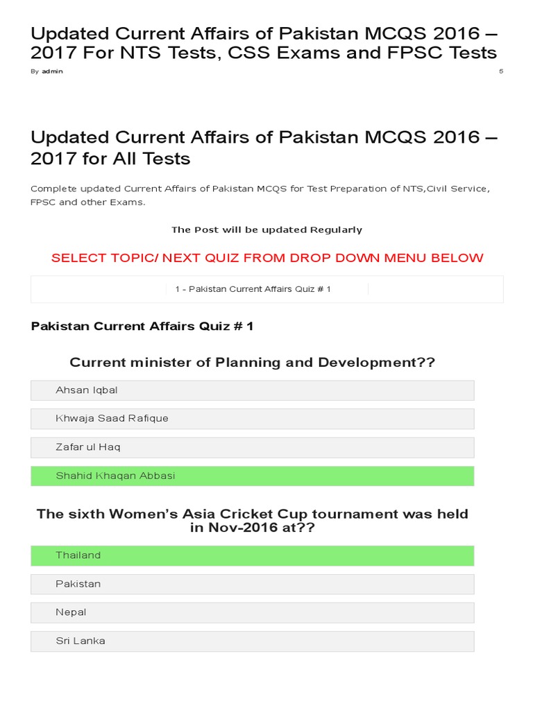 Pakistan Current Affairs MCQs 2016-2017 | PDF | Politics Of Pakistan ...