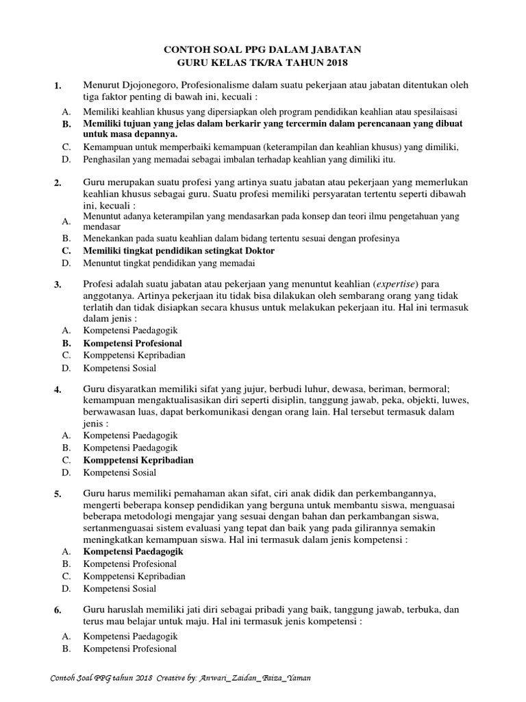 2. Contoh Soal PPG Guru TK Tahun 2018