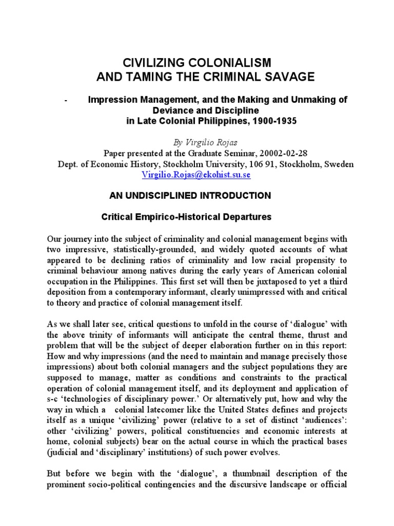 Civilizing Colonialism and Taming The Criminal Savage PDF Census Crime & Violence