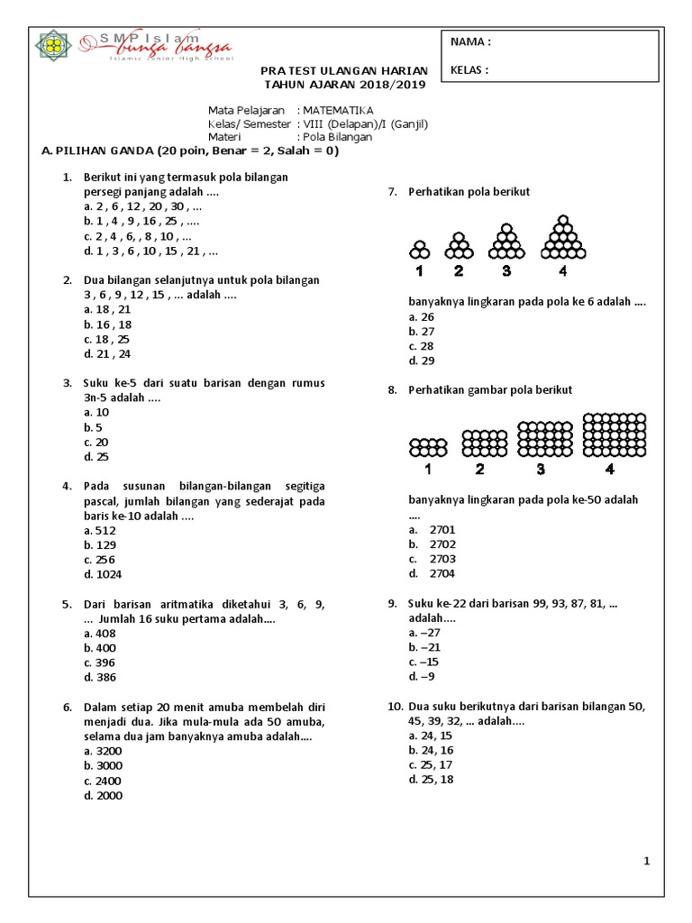 Soal Pra Test Kls  Pola Bilangan  PDF