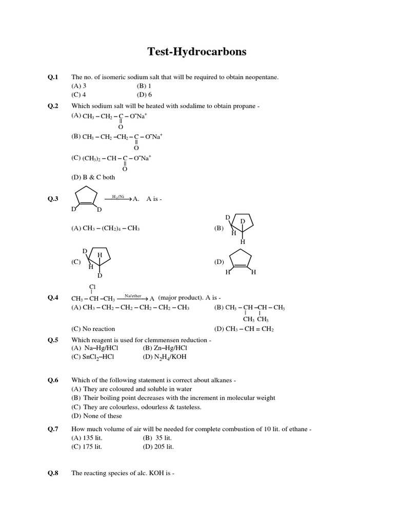 Hydrocarbon Test PDF Sodium Carbon Compounds