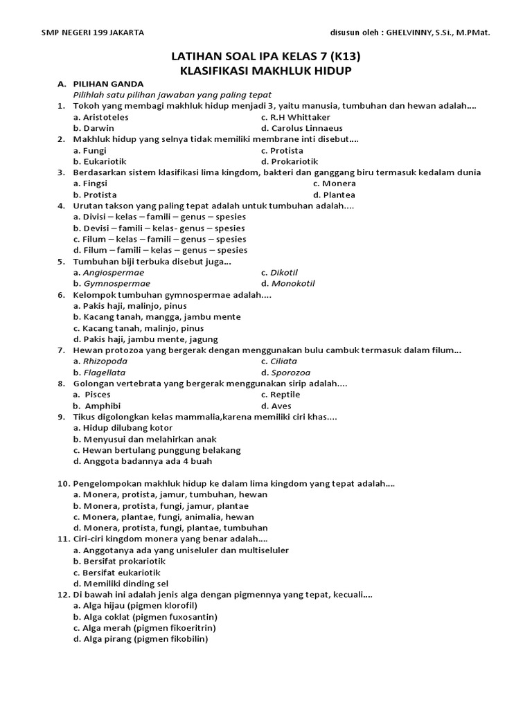 Soal Klsifikasi Mahluk Hidup Kls 7