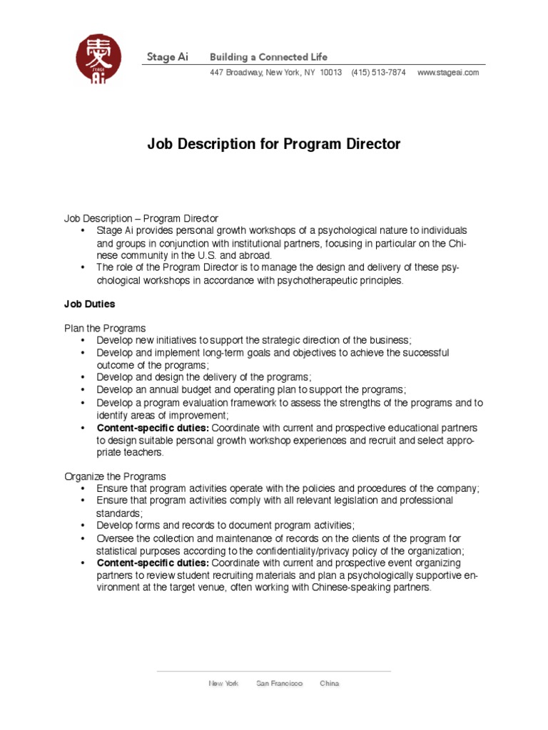 Job Description For Program Director: Stage Ai | PDF | Program ...