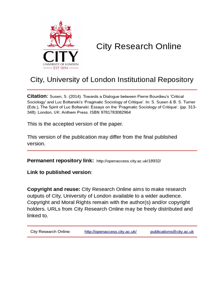 City Research Online City University Of London Institutional Repository Pragmatism Sociology