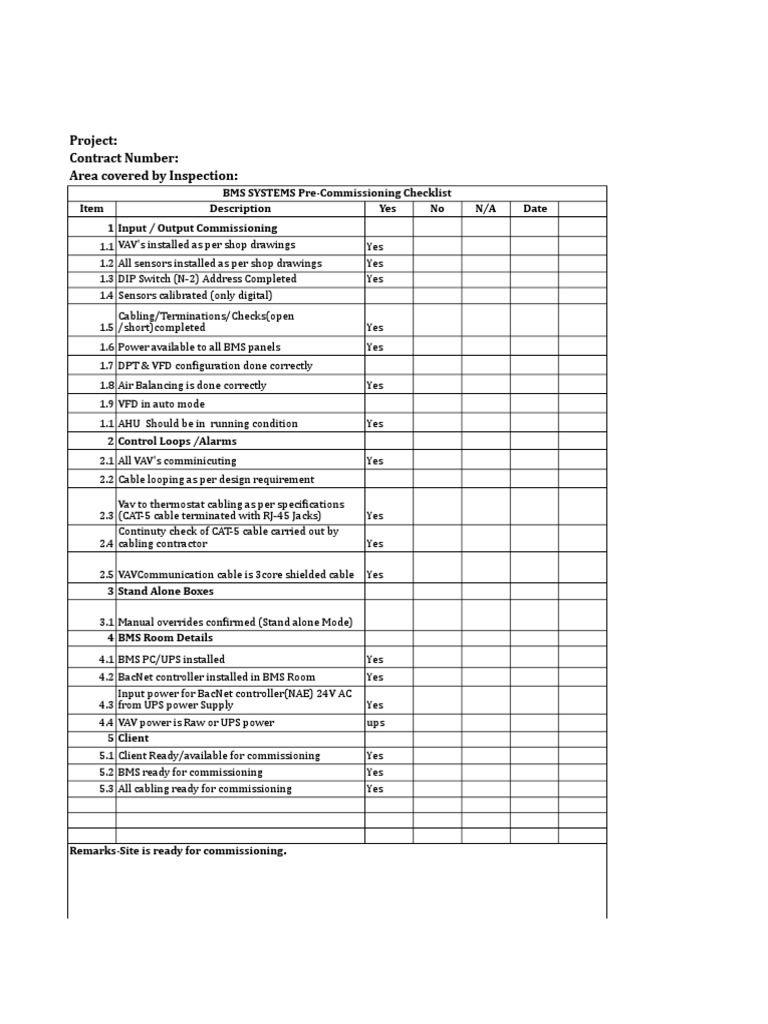 Pre Commissioning Checklist
