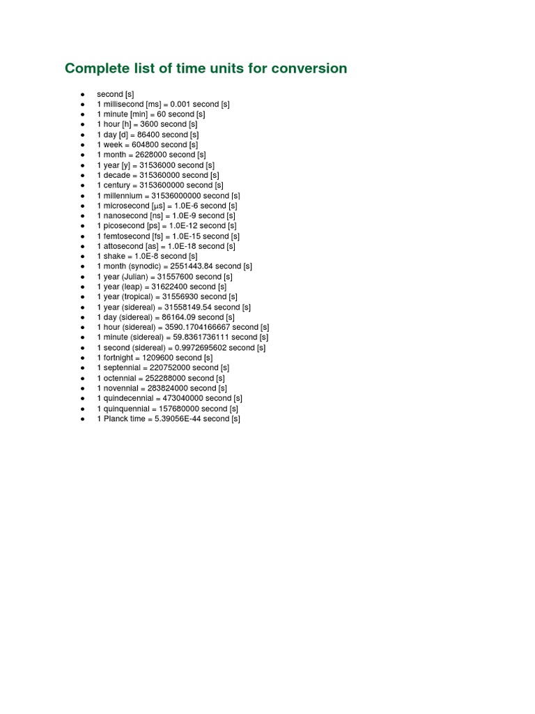 Complete List of Time Units For Conversion | PDF