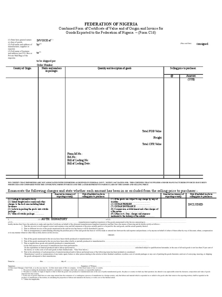 C16 Certificate of Value and Origin | PDF | Prices | Invoice