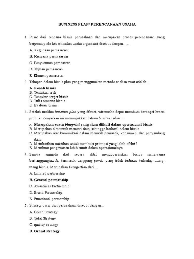 Soal Business Plan Perencanaan Usaha