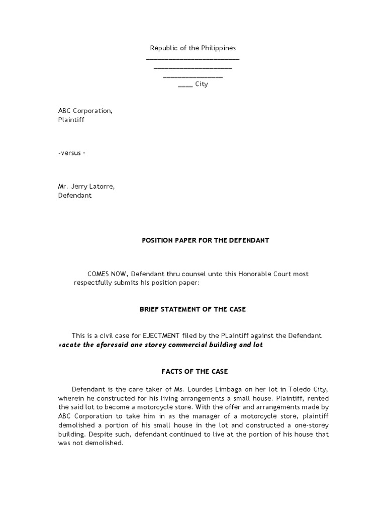 Position Paper of Latorre PDF | PDF | Eviction | Lawsuit