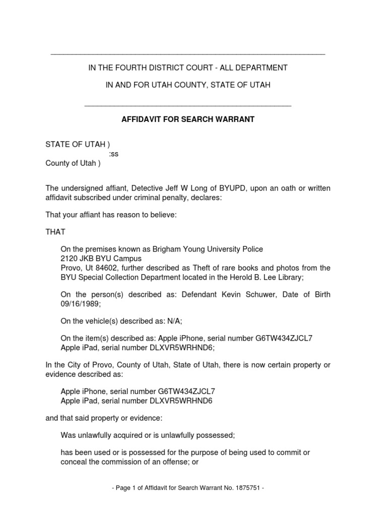 BYU Theft Investigation: Kevin Schuwer | PDF | Affidavit | Search Warrant