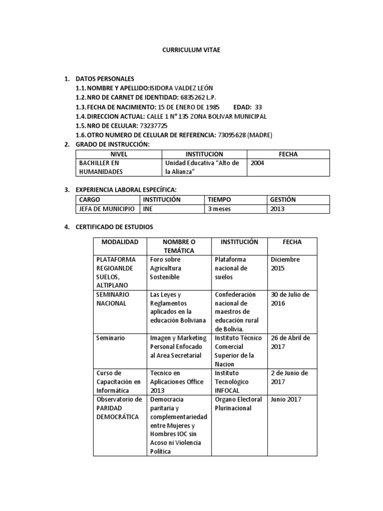 Curriculum Vitae | PDF | Bolivia | Plan de estudios