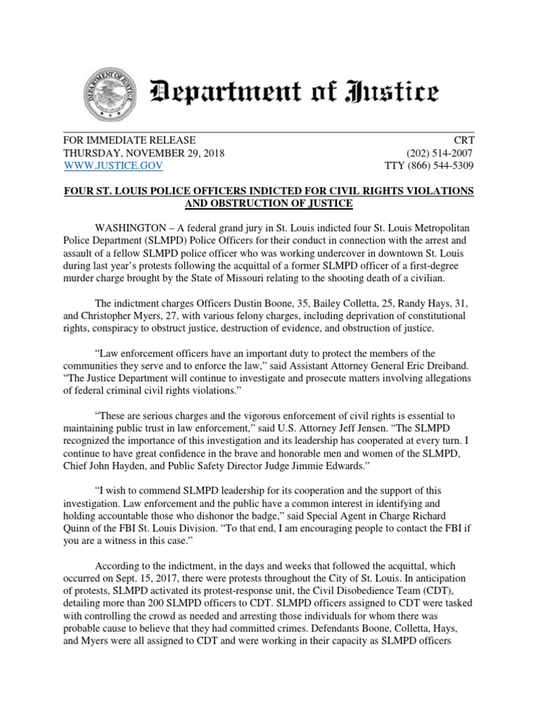 DOJ News Release 'Four St. Louis Police Officers Indicted For Civil