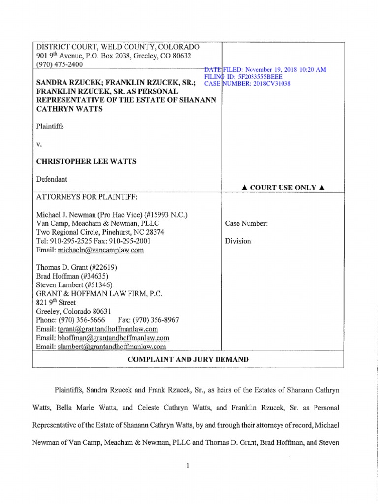Chris Watts Wrongful Death Complaint and Jury Demand PDF