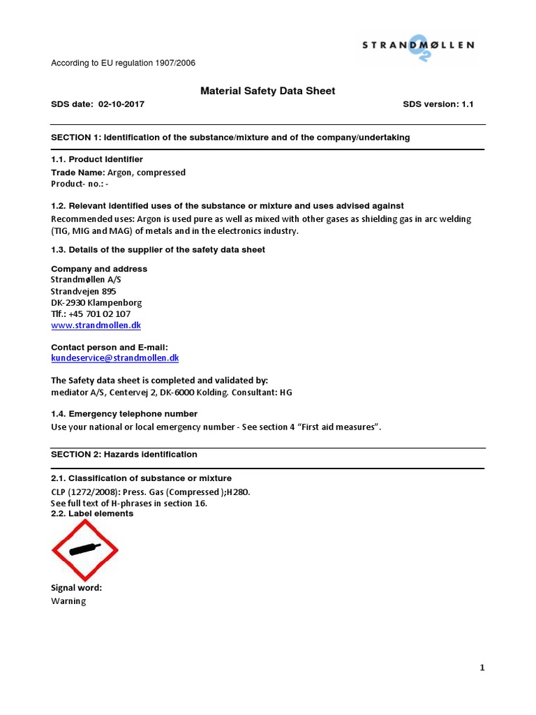 Material Safety Data Sheet According To EU Regulation 1907/2006 PDF
