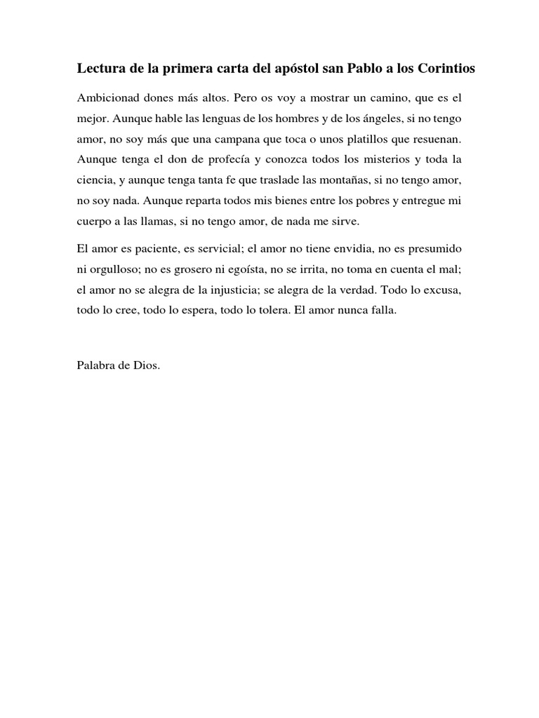 Lectura De La Primera Carta Del Apostol San Pablo A Los Corintios Amor Comportamiento Religioso Y Experiencia primera carta del apostol san pablo