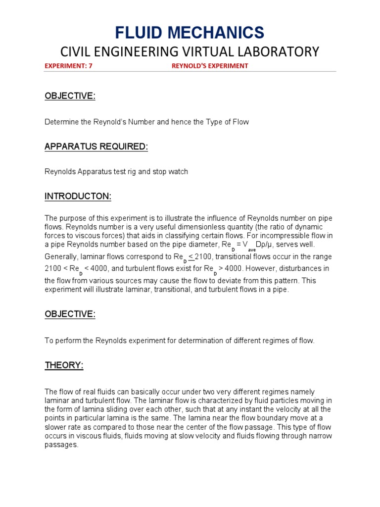 Reynolds Experiment in Fluid Mechanics | PDF | Reynolds Number ...