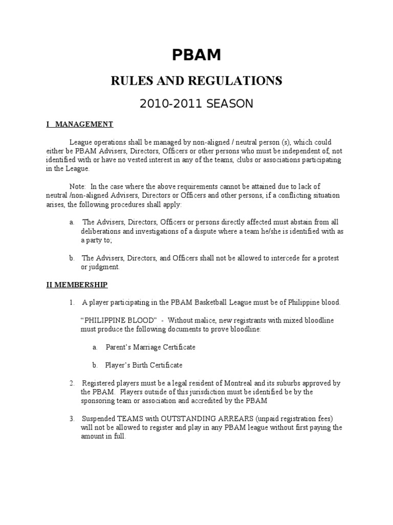 Rules & Regulations PBAM PDF Referee Sports Rules And Regulations