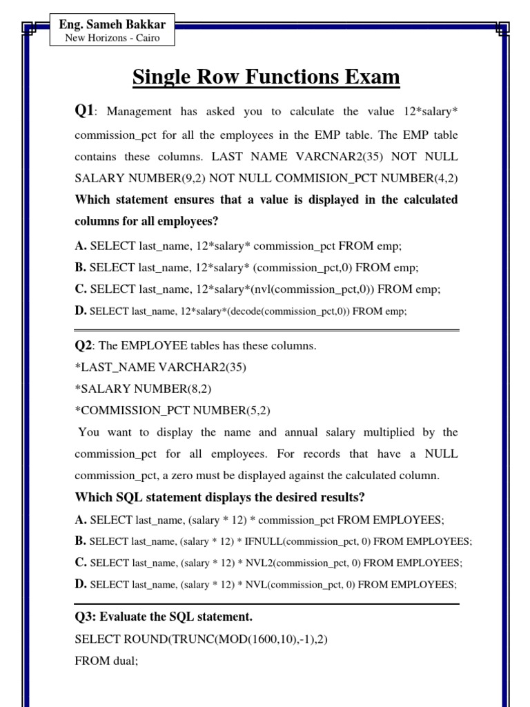SQL Single Row Functions Exam | PDF | Computer Programming | Data ...