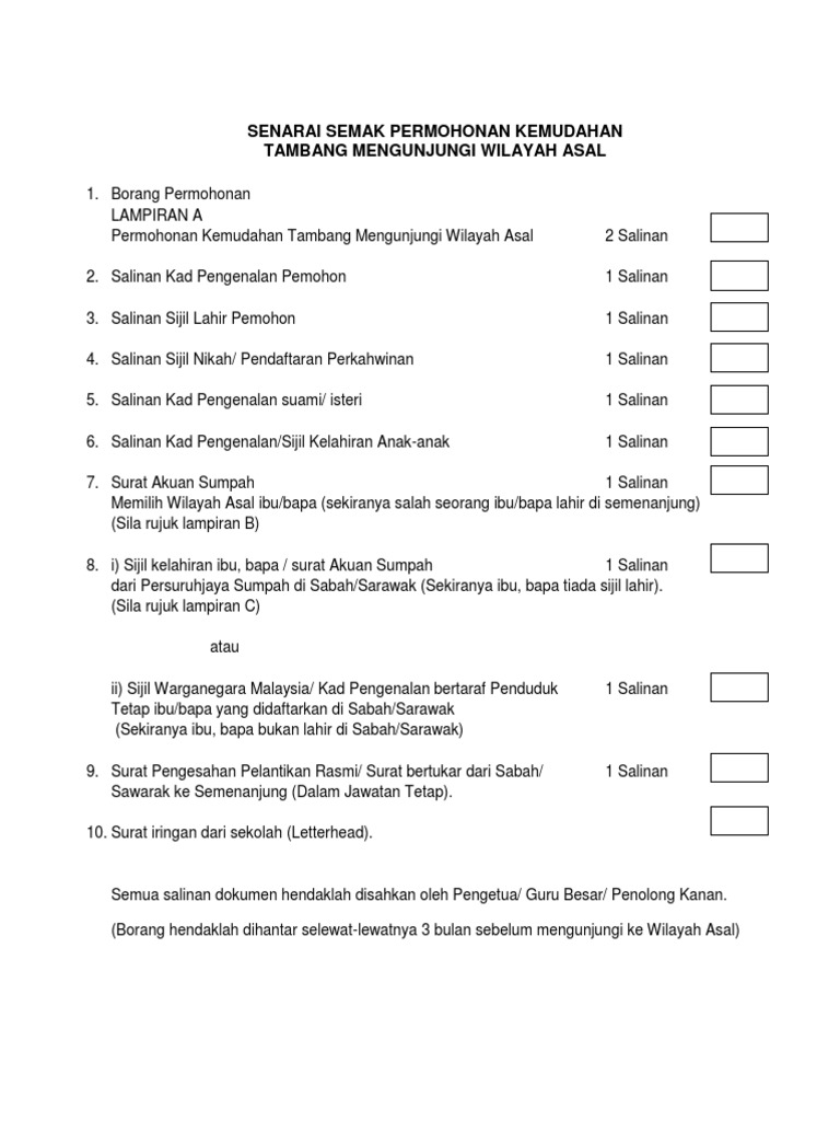 Senarai Semak Pemohonan Mengunjungi Wilayah Asal Pdf