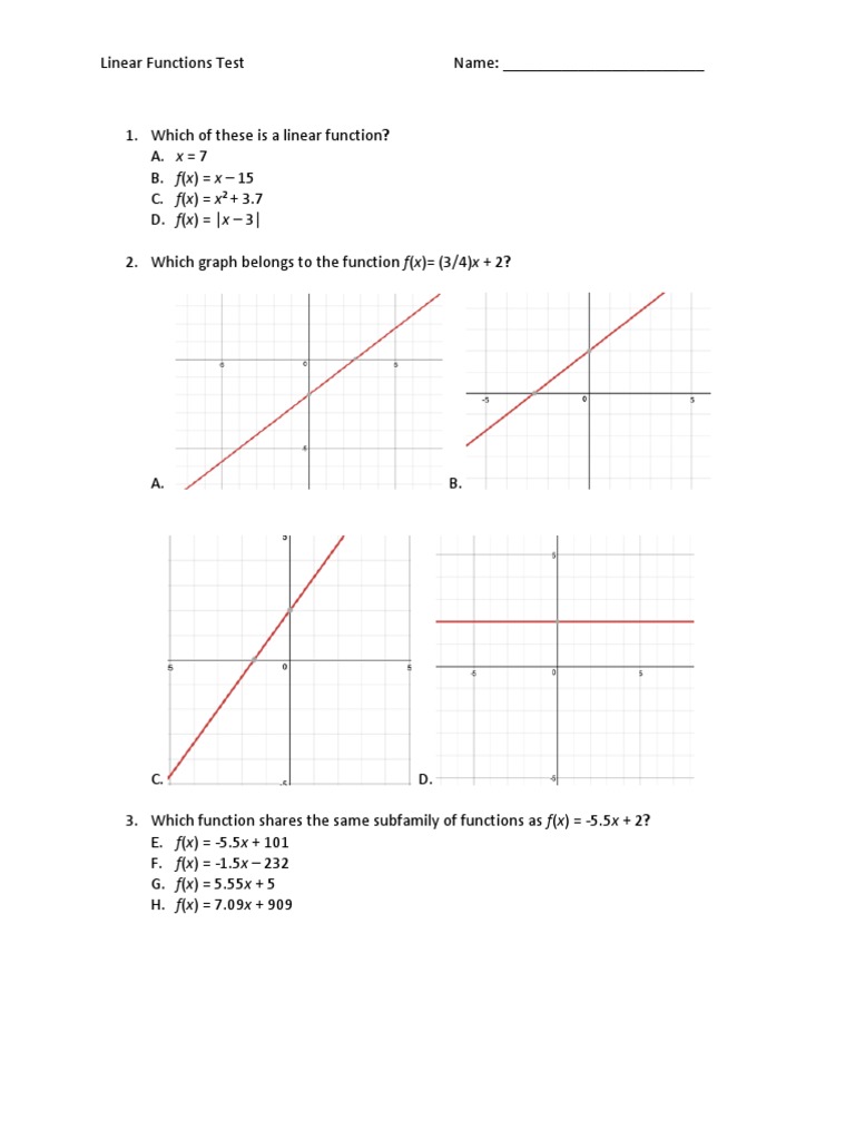 Linear Functions Test and Quiz | PDF | Linearity | Function (Mathematics)