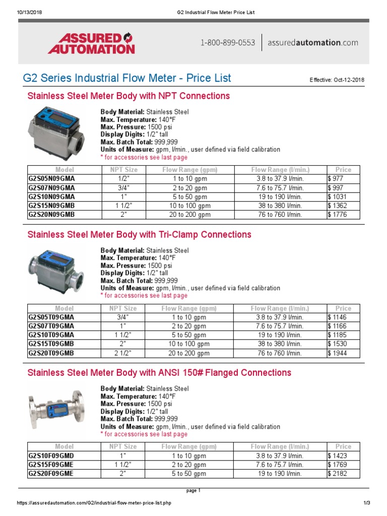 Assured Automation Flow Meter Price List PDF Flow Measurement