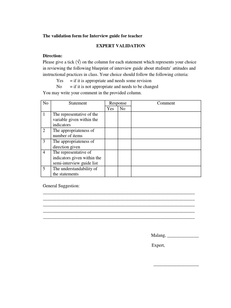 The Validation Form For Interview Guide For Teacher Expert Validation