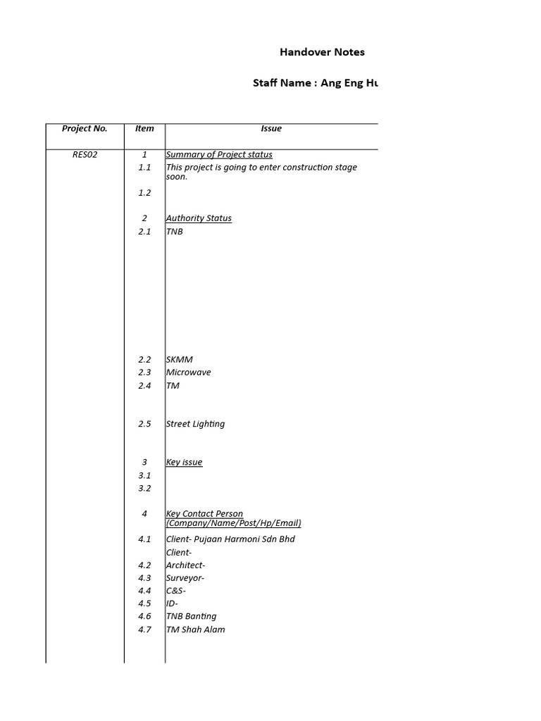 Handover Note Ang | PDF