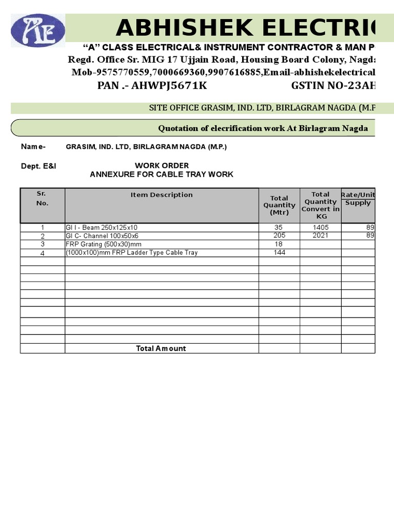 Quotation of CABLE TRAY PDF