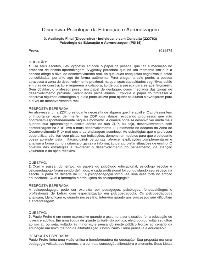 Avaliação Discursiva em Psicologia Educacional | PDF | Psicologia ...