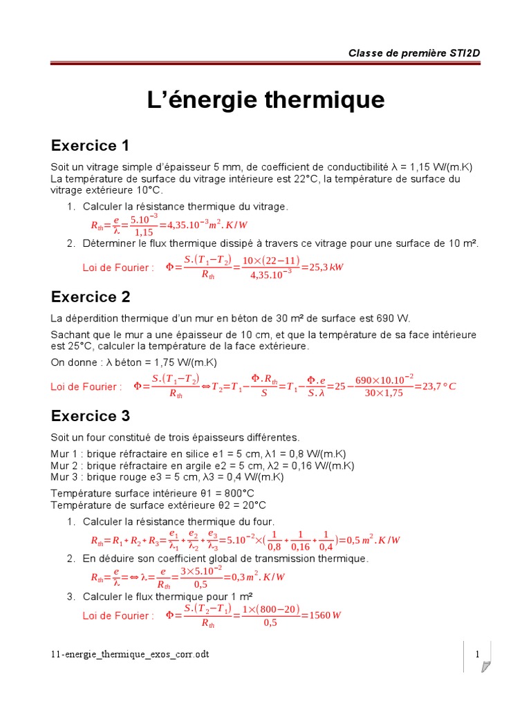Transfert Thermique Cours Et Exercices Corrigés Pdf 11-Energie Thermique Exos Corr 3 | PDF | Conductivité thermique | Transfert  thermique