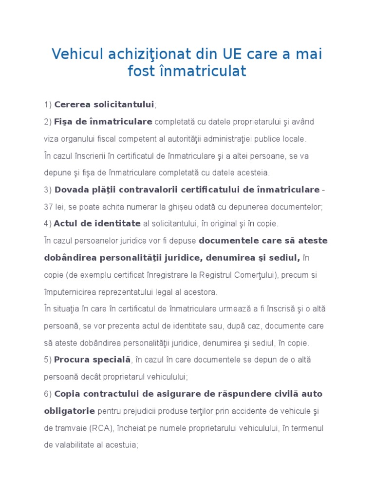 Documente Necesare Inmatriculare – TCXSXX