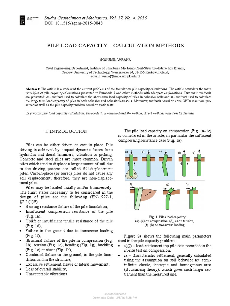 Pile Load Capacity - Calculation Methods: DOI: 10.1515/sgem-2015-0048 | PDF