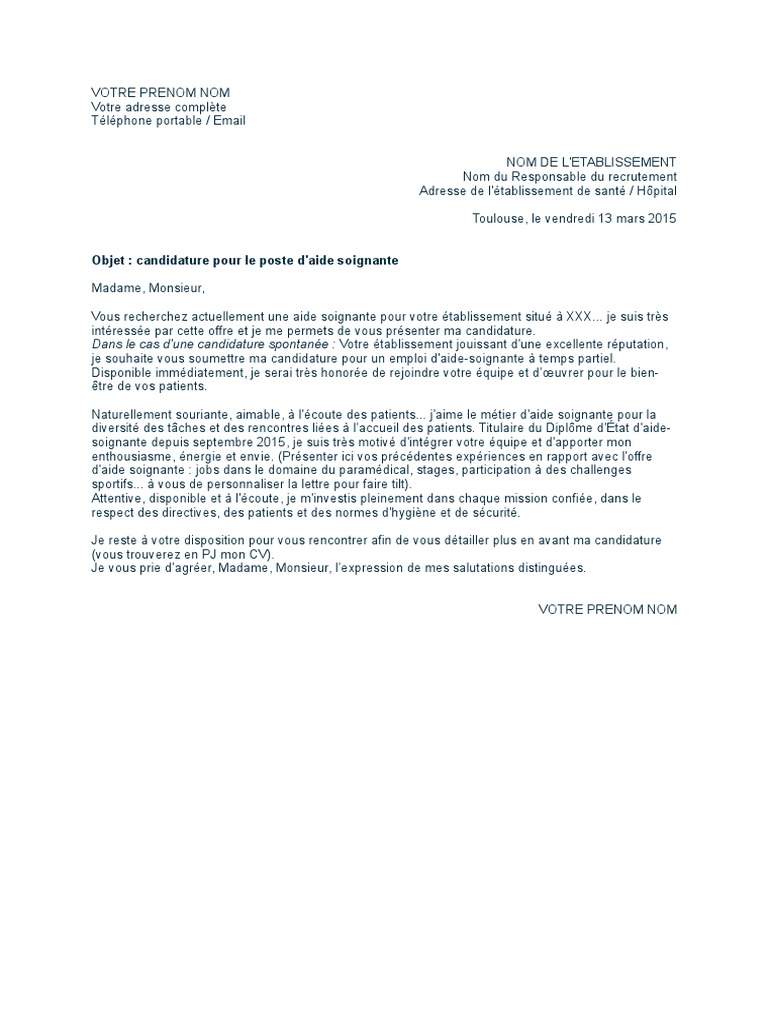 Modele De Lettre De Motivation Aide Soignante Lettre de Motivation Exemple Type | PDF | Bien-être | Médical