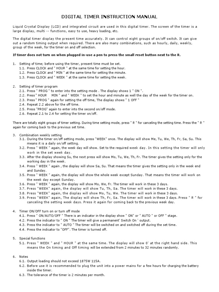 Digital Timer Setup Instructions | PDF | Timer | Clock