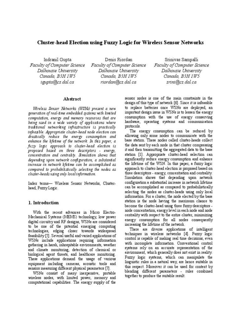 Cluster-Head Election Using Fuzzy Logic For Wireless Sensor Networks ...