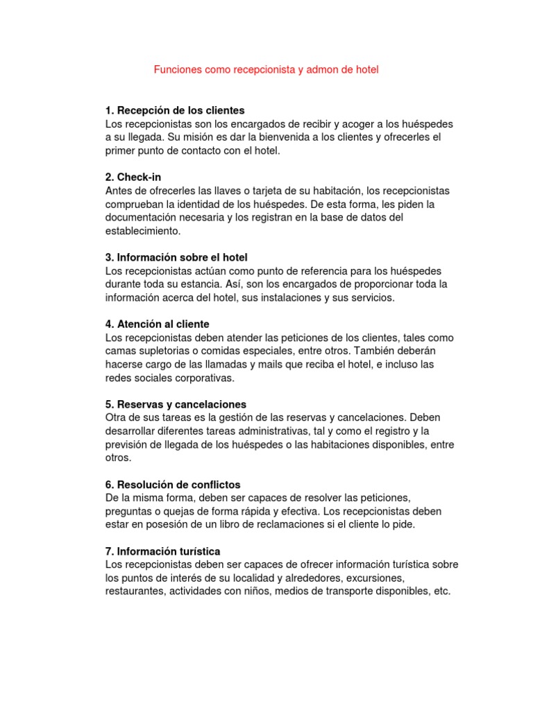 Funciones O Recepcionista Y Admon De Hotel Hotel Hotel Y Alojamiento