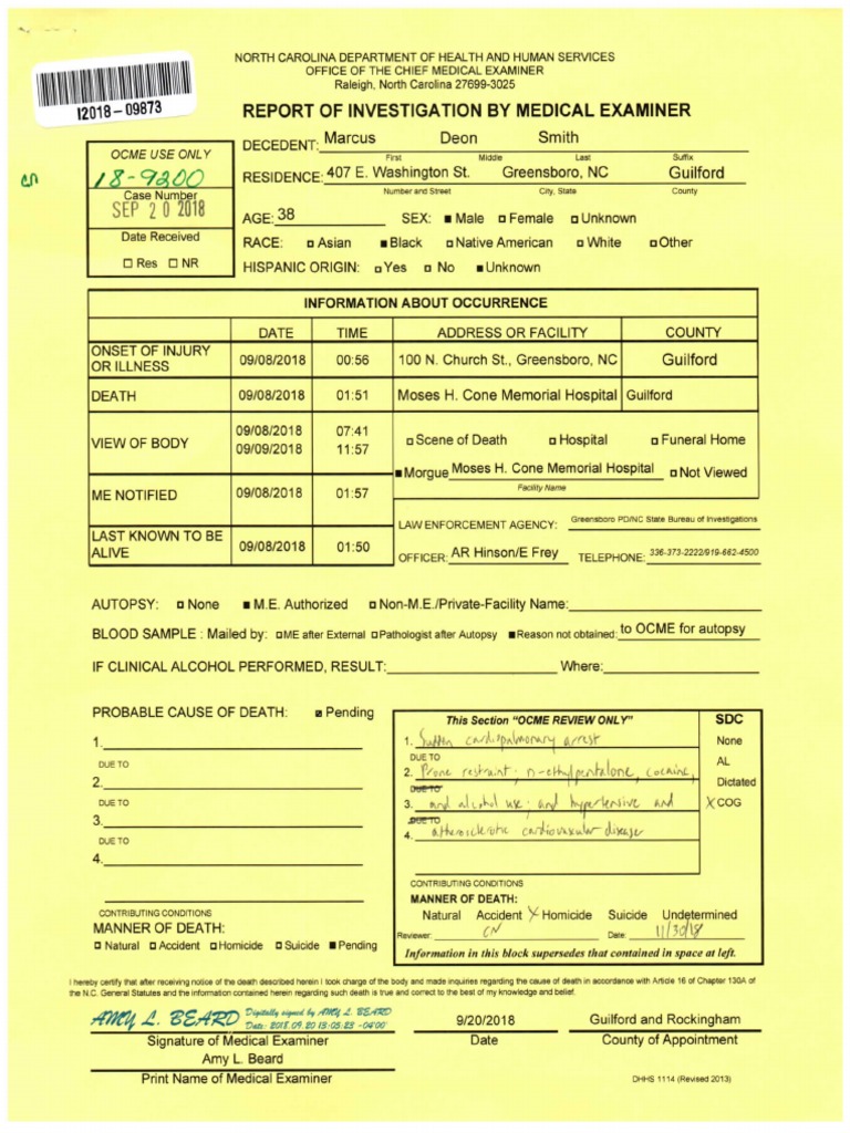 Medical Examiner's Investigation Into The Death of Marcus Deon Smith | PDF